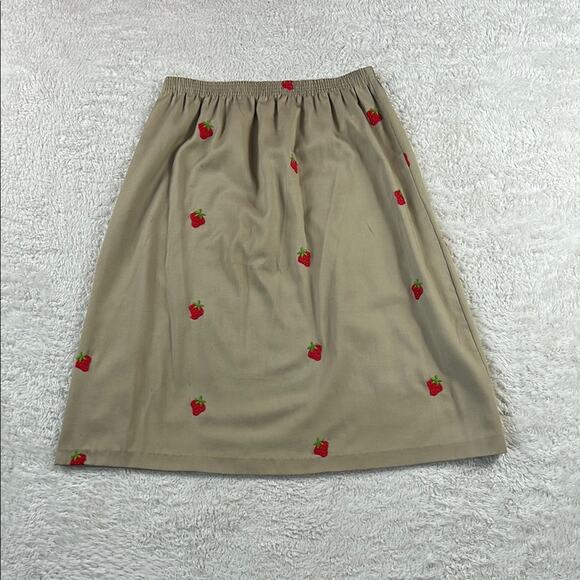 Vintage Unbranded Strawberry Embroidered khaki tan midi skirt, size Large - Picture 1 of 8